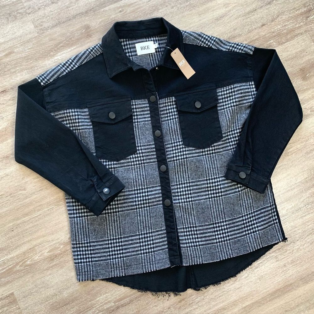 BKE Pieced Denim Flannel Shirt Jacket Plaid Shacket Oversized Black Grey XS NWT